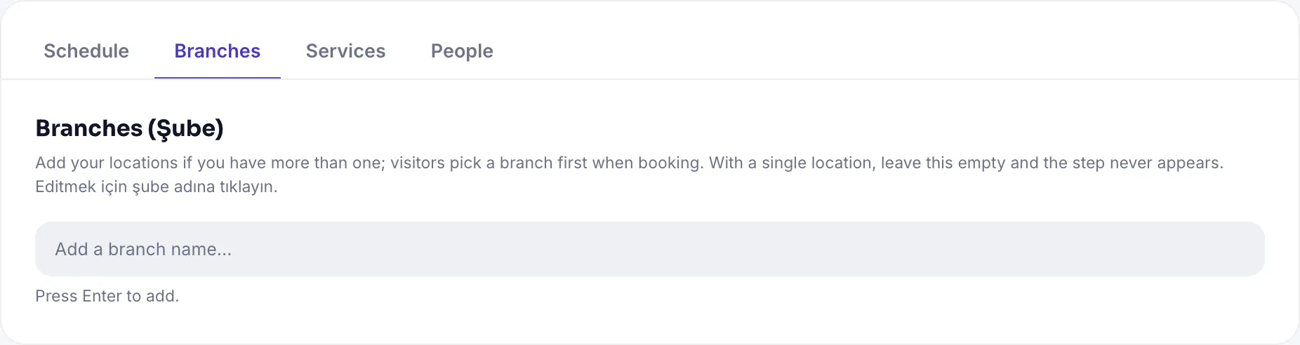 Branches tab: branch list and quick add