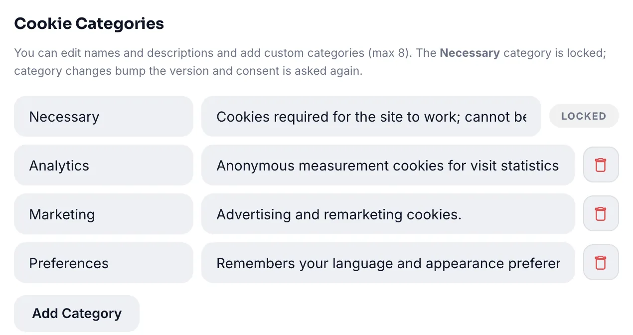 Cookie categories: the necessary one is locked, the others editable