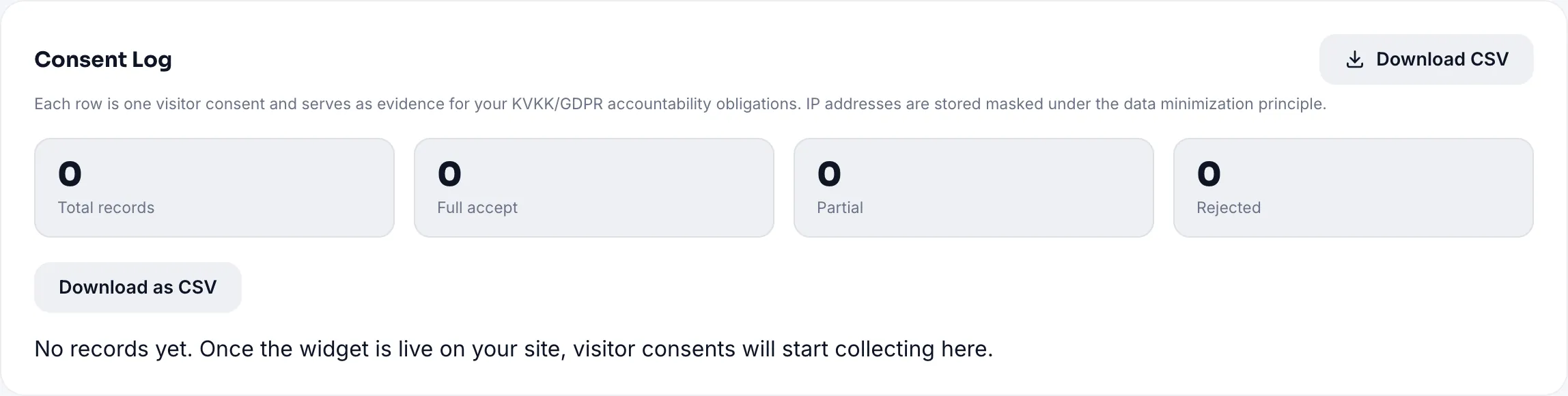 Consent records: date, version, masked IP and choices