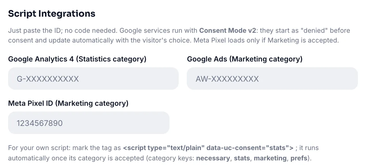Script integrations: GA4, Google Ads and Meta Pixel fields