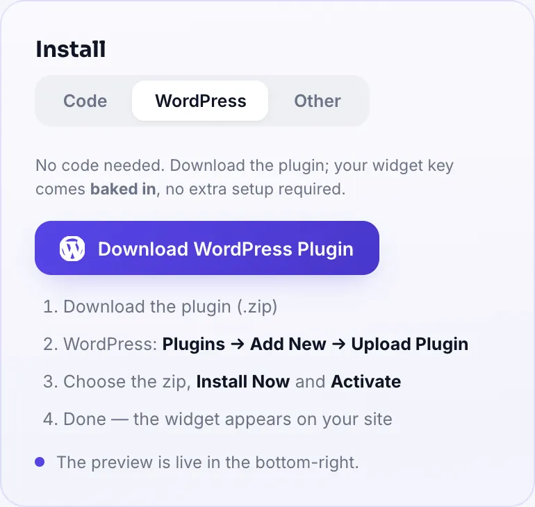 The Install card in the panel: WordPress tab and plugin download