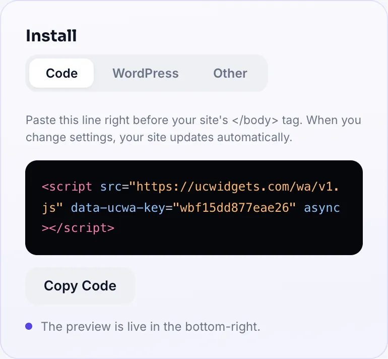 Install card: Code, WordPress and Other tabs