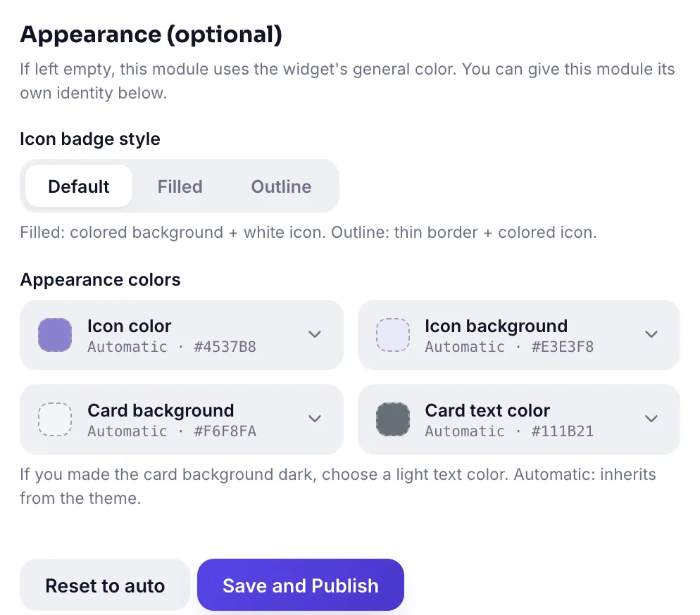 Appearance section: icon badge style and four color pickers