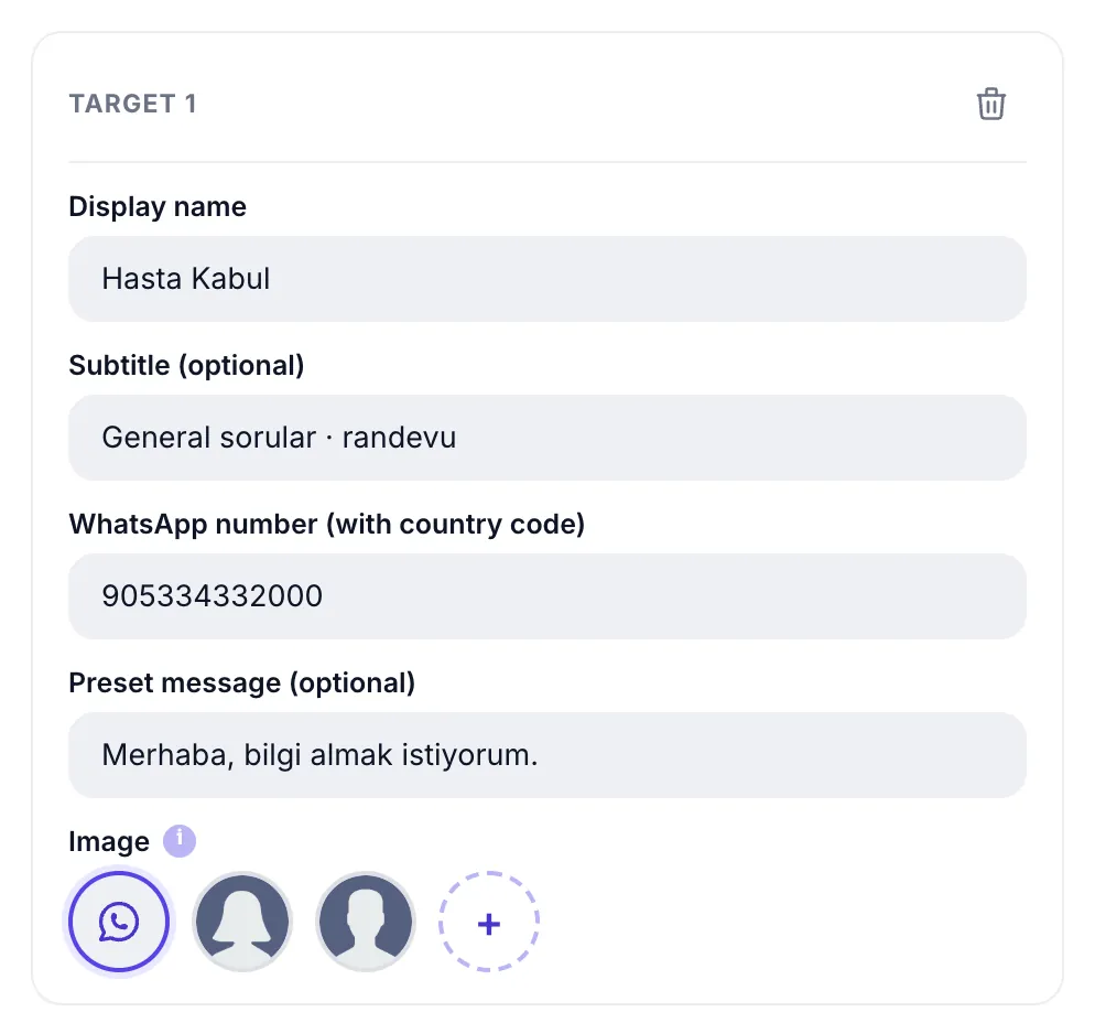 Multi-target row: display name, subtitle, number, pre-filled message and image choice