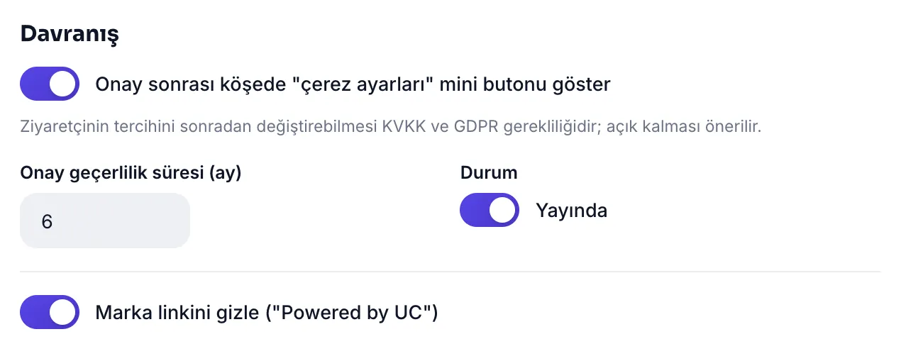 Davranış ayarları: mini buton, onay geçerlilik süresi ve marka linki