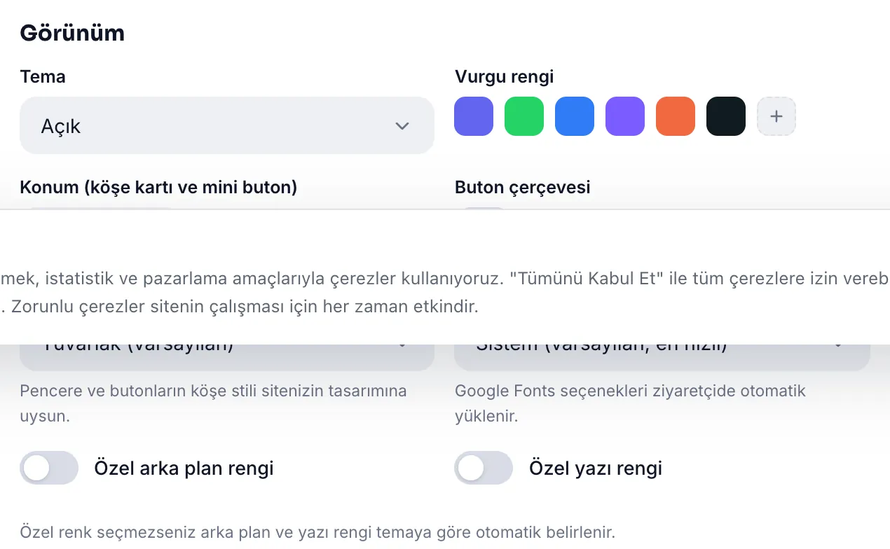 Görünüm ayarları: tema, vurgu rengi, konum, köşe yuvarlaklığı, yazı tipi ve özel renkler