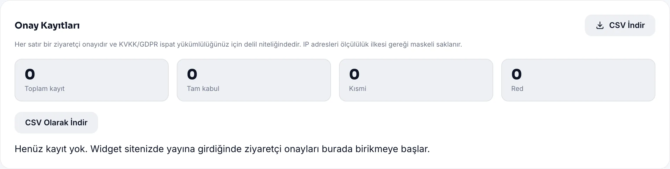 Onay kayıtları: tarih, sürüm, maskeli IP ve seçimler