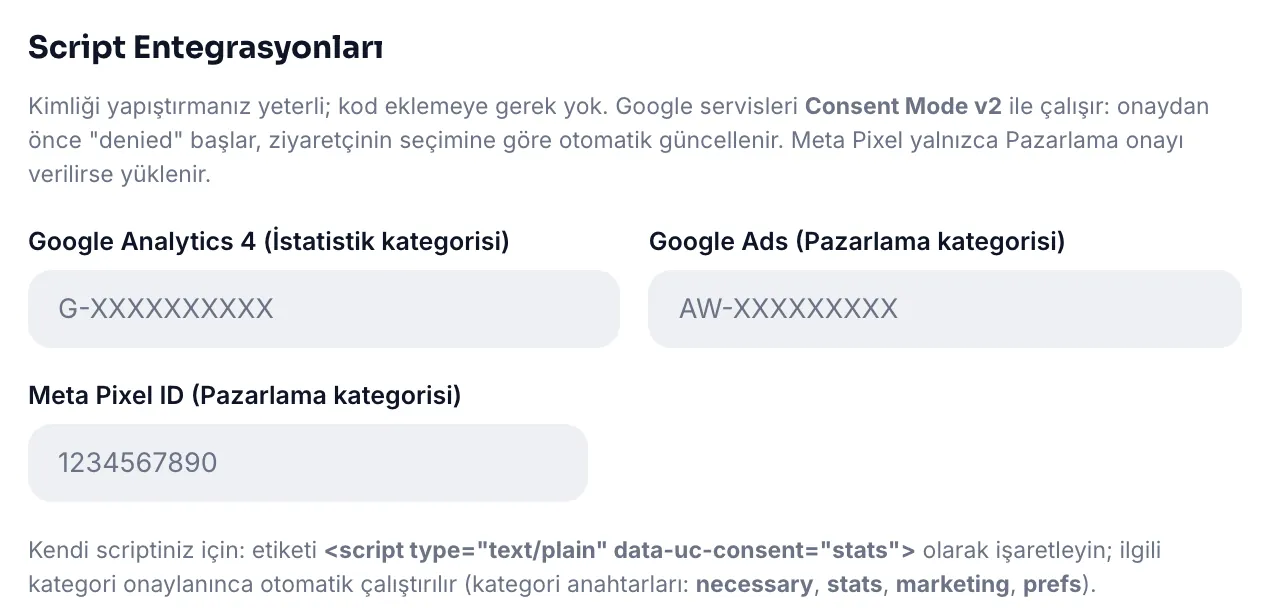 Script entegrasyonları: GA4, Google Ads ve Meta Pixel alanları