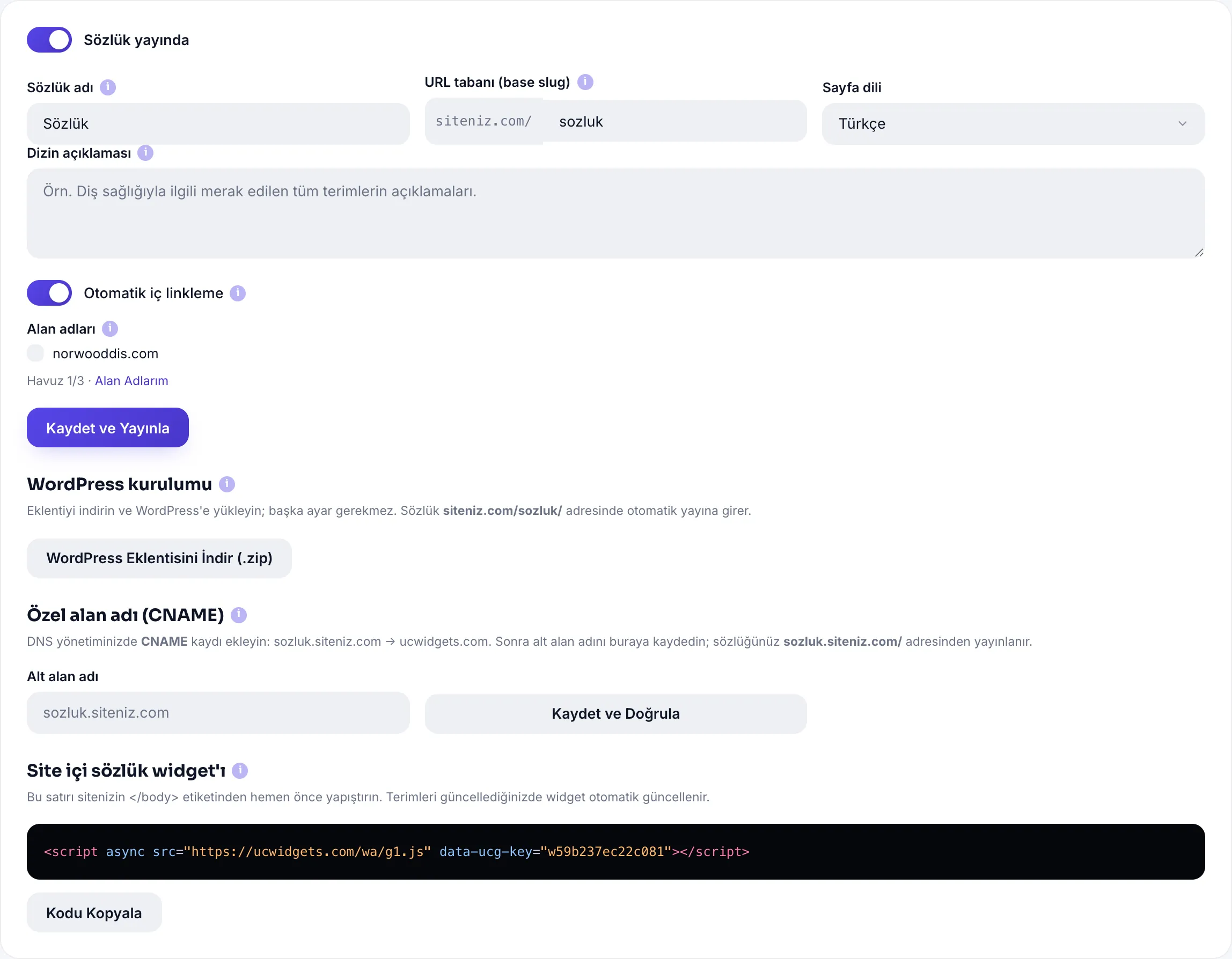 Sözlük ayarları: ad, URL tabanı, dil ve yayınlama yolları