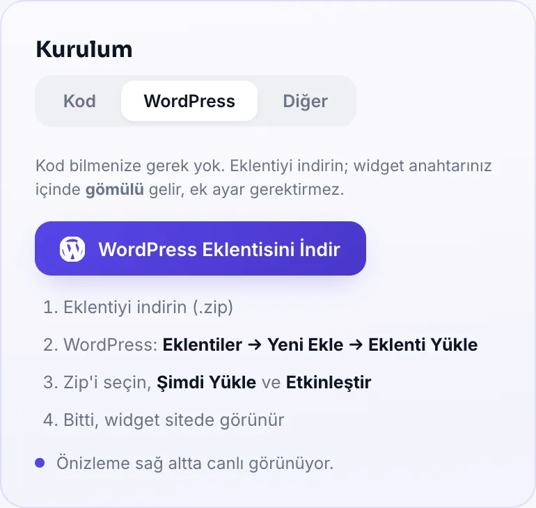 Panelde Kurulum kartı: WordPress sekmesi ve eklenti indirme