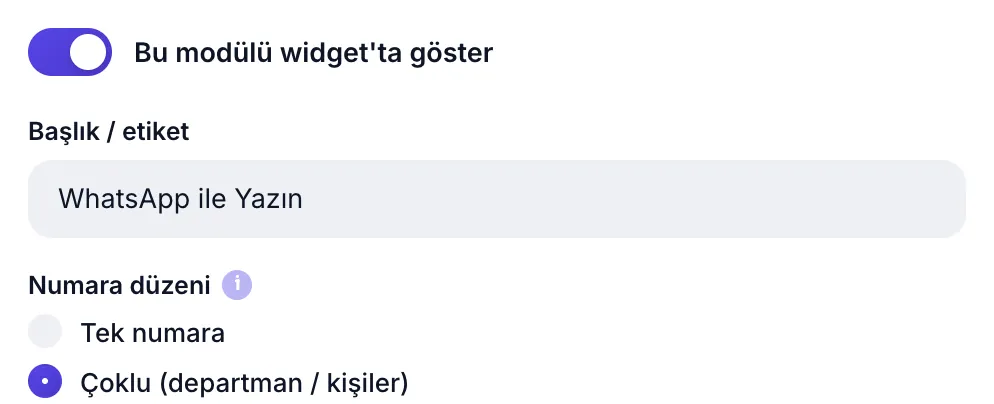 WhatsApp modülü: modülü göster anahtarı, başlık/etiket ve numara düzeni