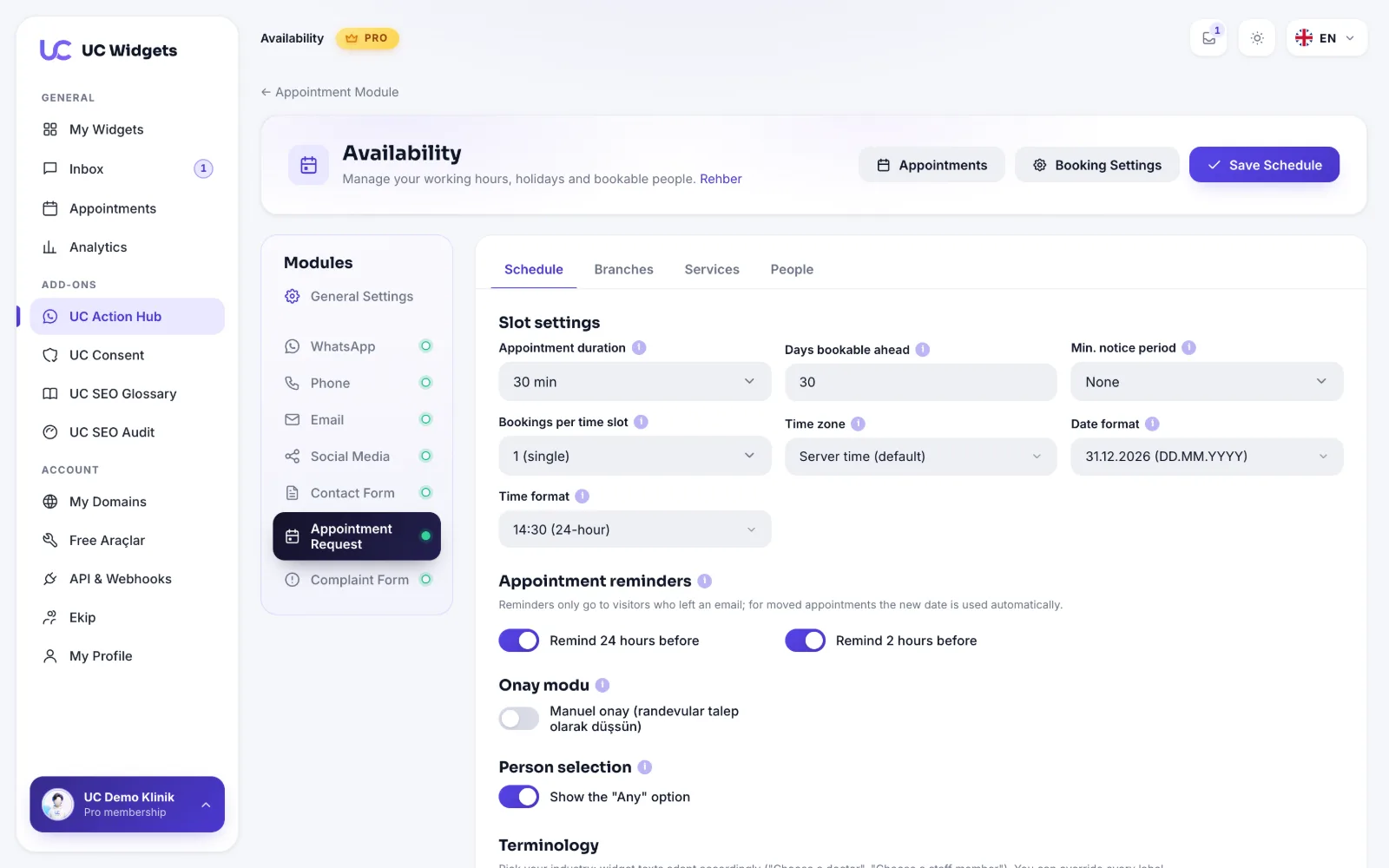 Availability calendar screen